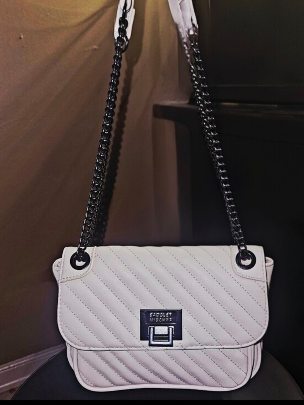Badgley Mischka Quilted Vegan Leather Crossbody- White with Chain Straps